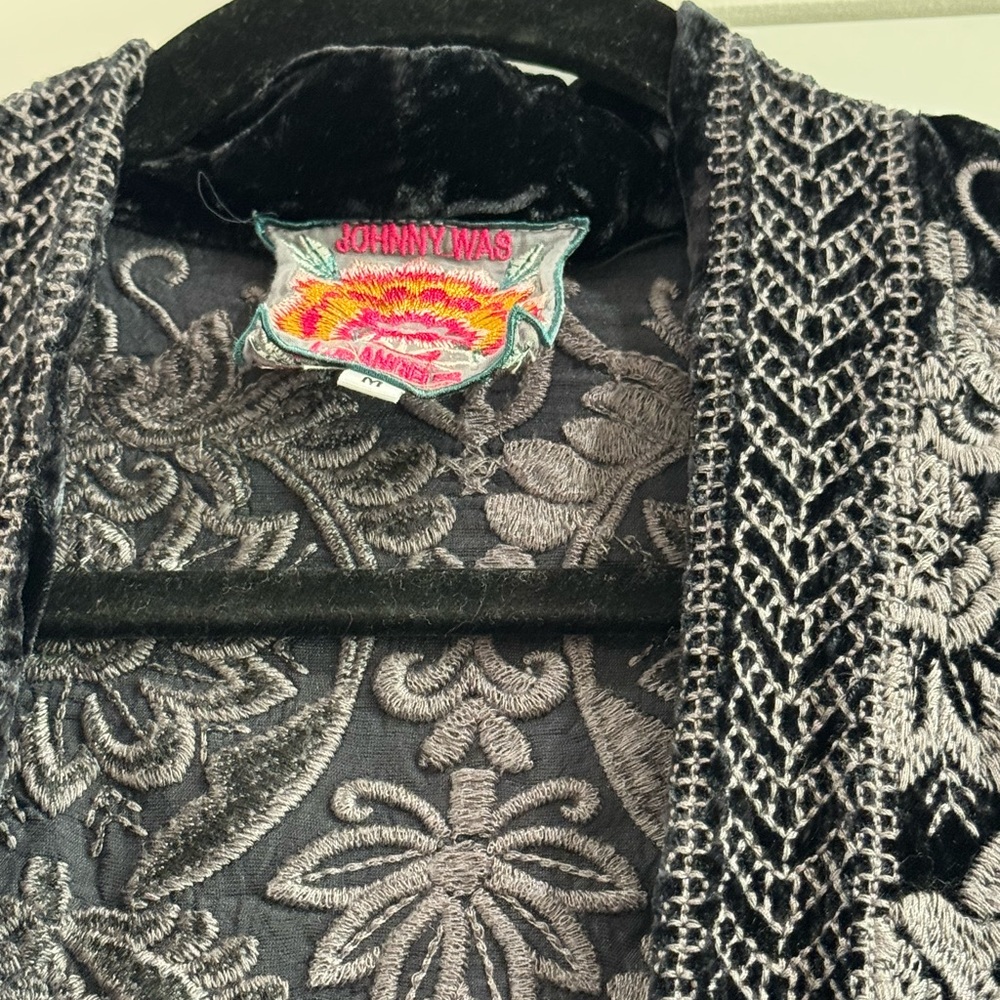 Johnny Was Black Velvet Top with White Embroidery - Picture 2 of 3